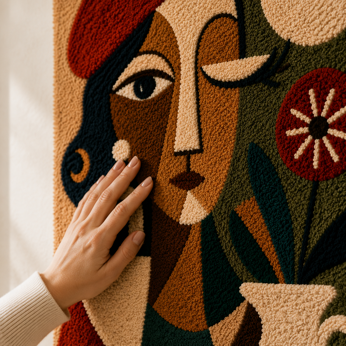 Autumn-themed wall art by Hewn Earth featuring a face and vessel with warm autumn colors and natural textures.