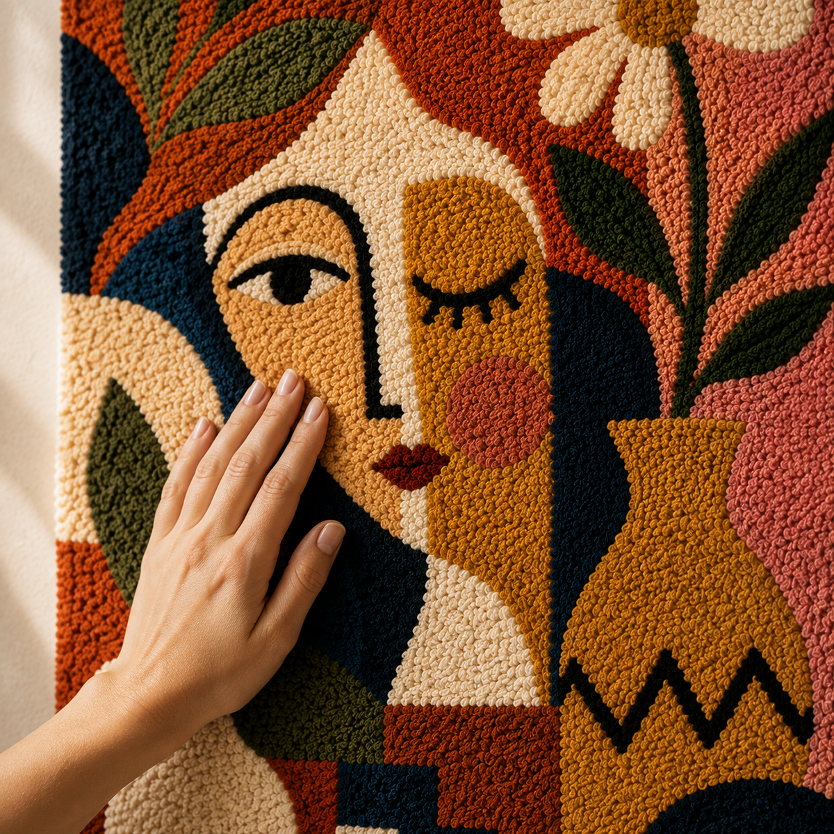 Colorful Coral Garden Faces wall art by Hewn Earth, featuring vibrant, abstract face designs on a textured canvas.