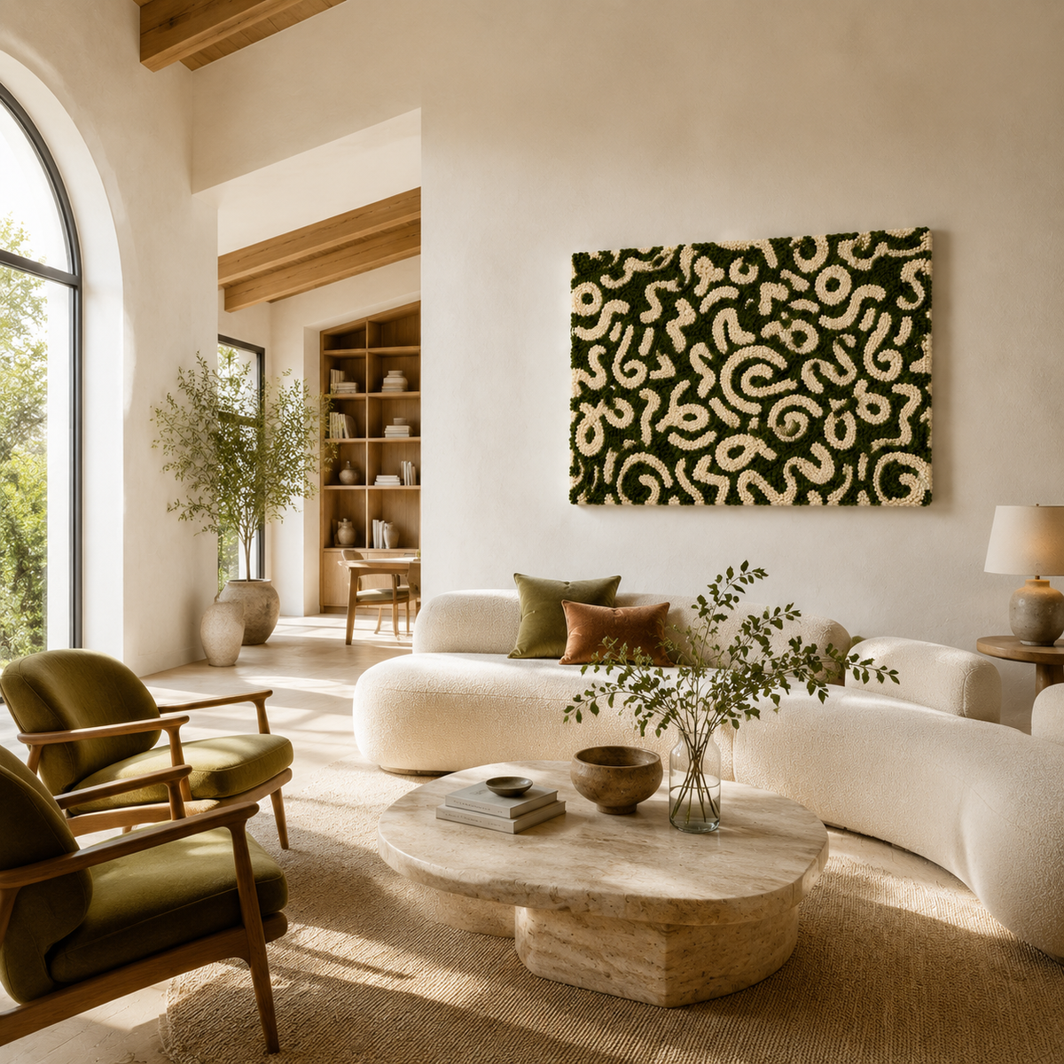 Hewn Earth Moss Script Field wall art displayed on a modern room wall, showcasing natural earthy tones and textured design.