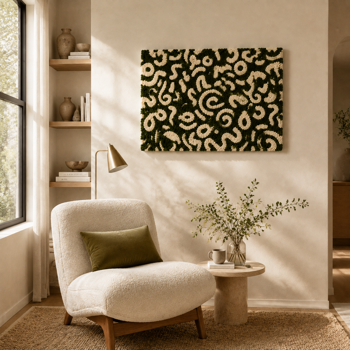 Hewn Earth Moss Script Field wall art featuring leafy green moss design on a textured background, ideal for natural interior decor.