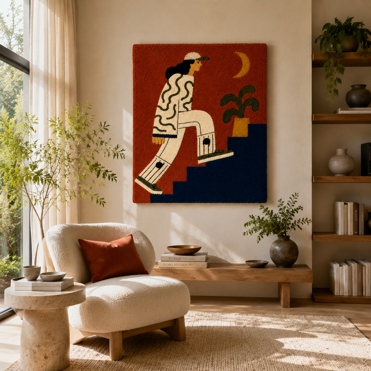 Hewn Earth Crescent Stairwalker wall art displayed on a room wall, featuring abstract crescent shapes in neutral tones.