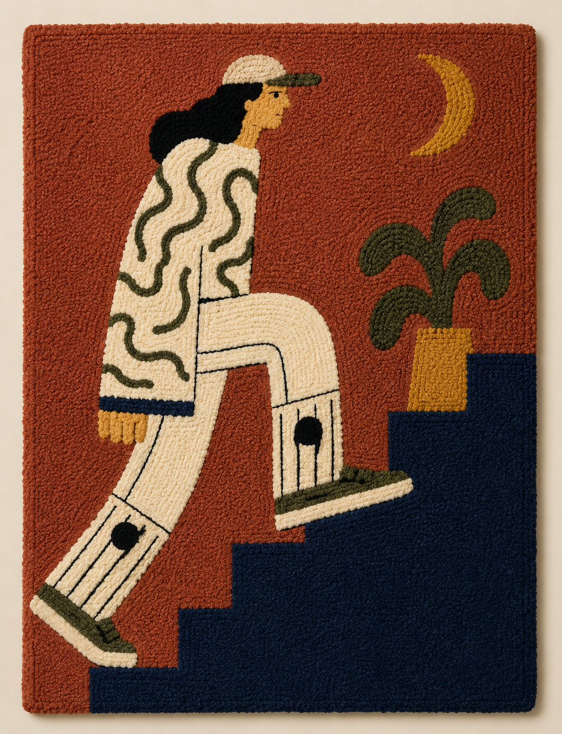 Hewn Earth Crescent Stairwalker wall art featuring a crescent moon and stair-like design in earthy tones.