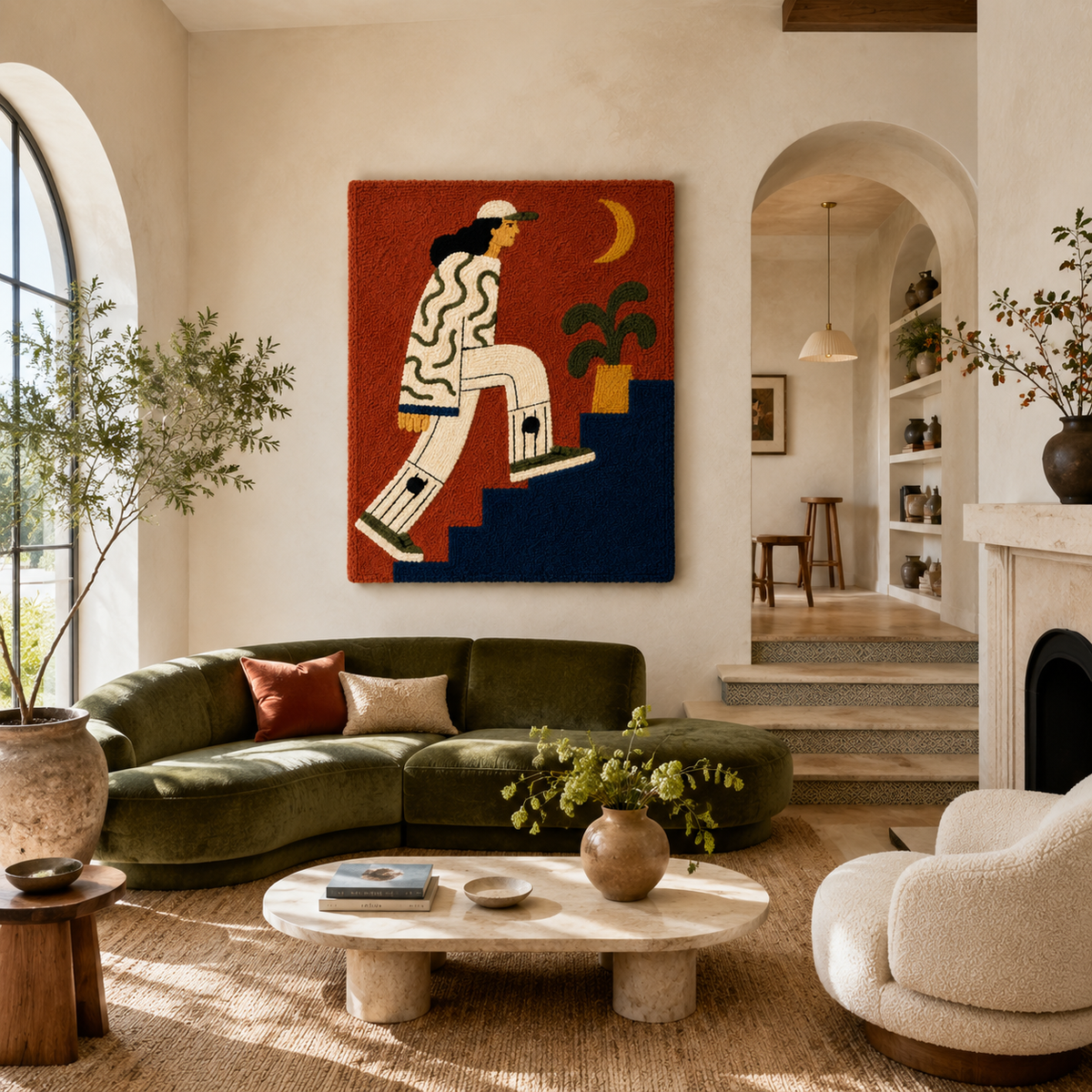 Hewn Earth Crescent Stairwalker wall art features a detailed, artistic depiction of a crescent-shaped staircase sculpture on a neutral background.