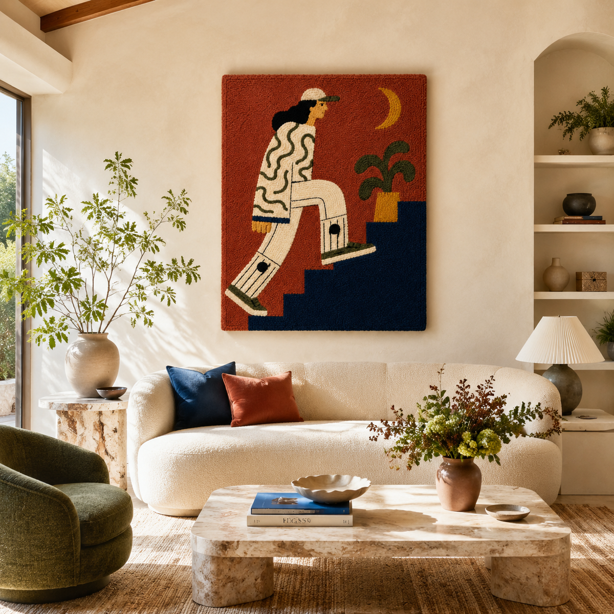 Hewn Earth Crescent Stairwalker wall art featuring a detailed crescent moon design on a neutral background.