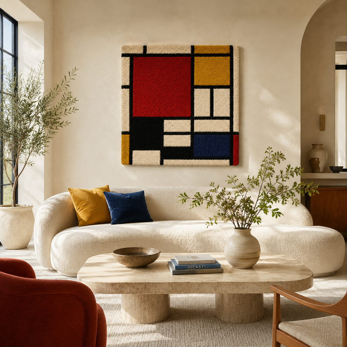 Hewn Earth Primary Balance Grid wall art featuring geometric design with earthy tones, displayed on a modern room wall.