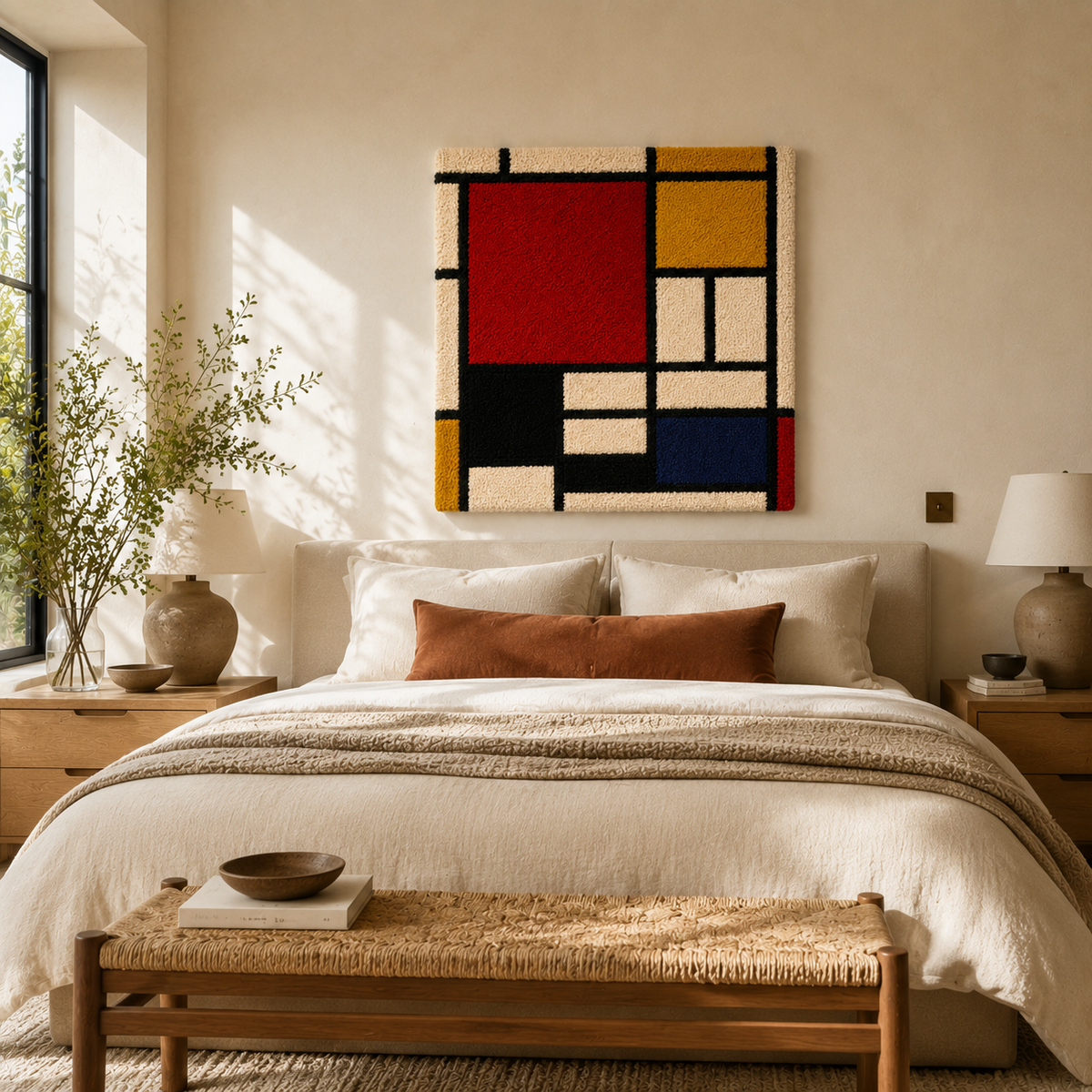 Hewn Earth Primary Balance Grid wall art featuring a geometric, earthy design on a white background.