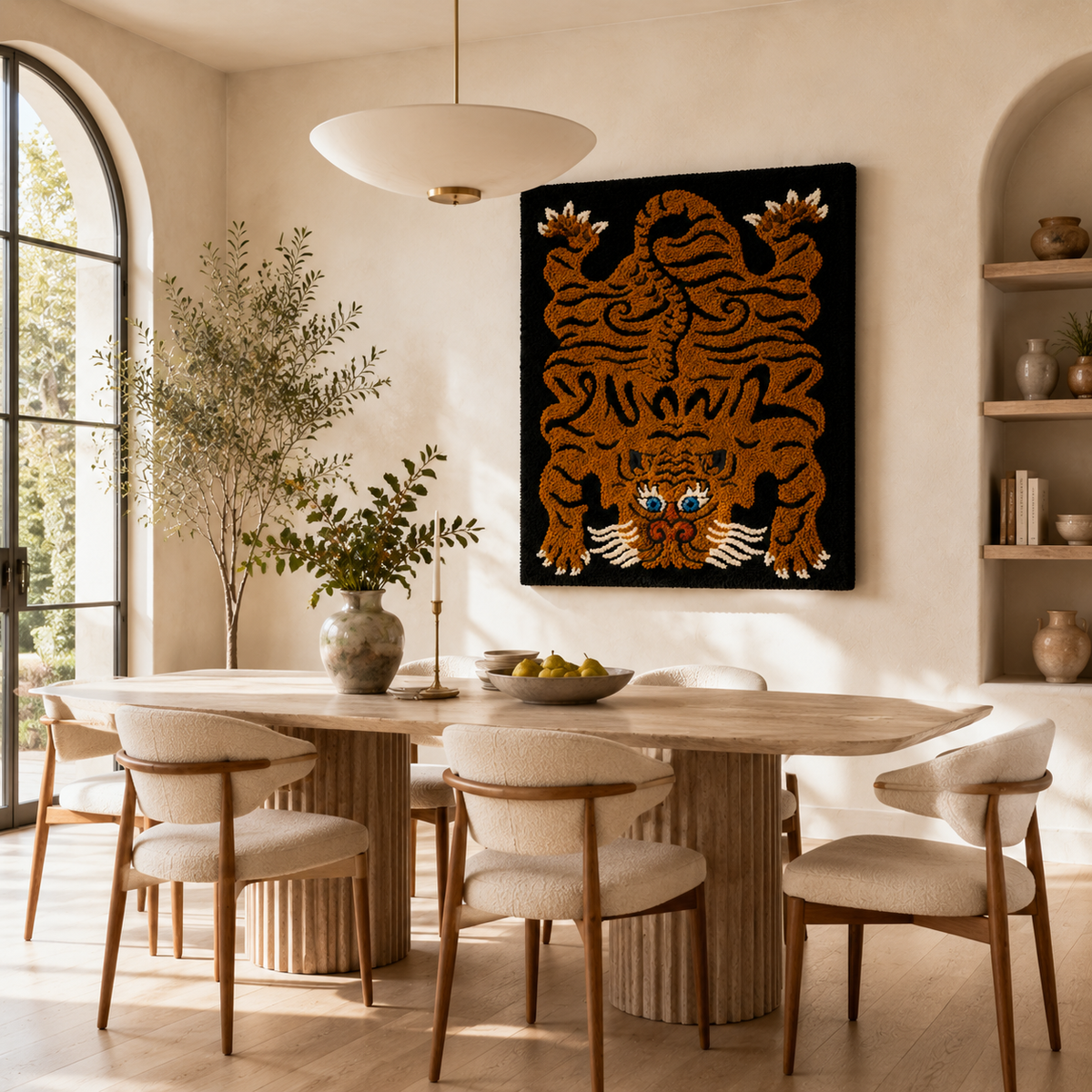 Blue-Eyed Tiger Totem wall art by Hewn Earth featuring a detailed tiger design on a textured wall background.