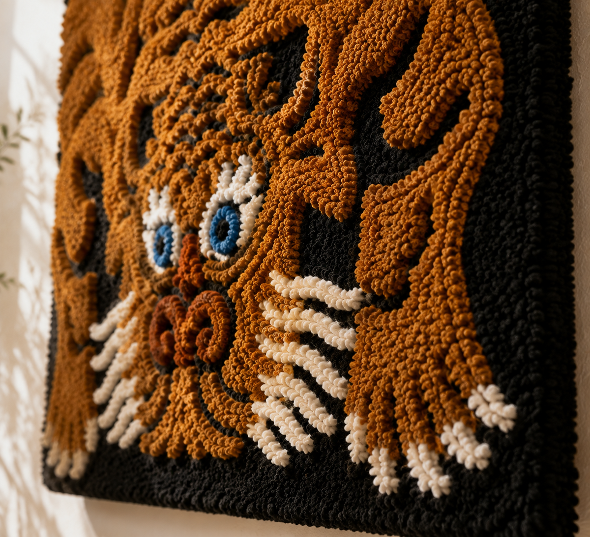Blue-eyed tiger totem wall art by Hewn Earth showing detailed craftsmanship and vibrant blue eyes on textured surface.