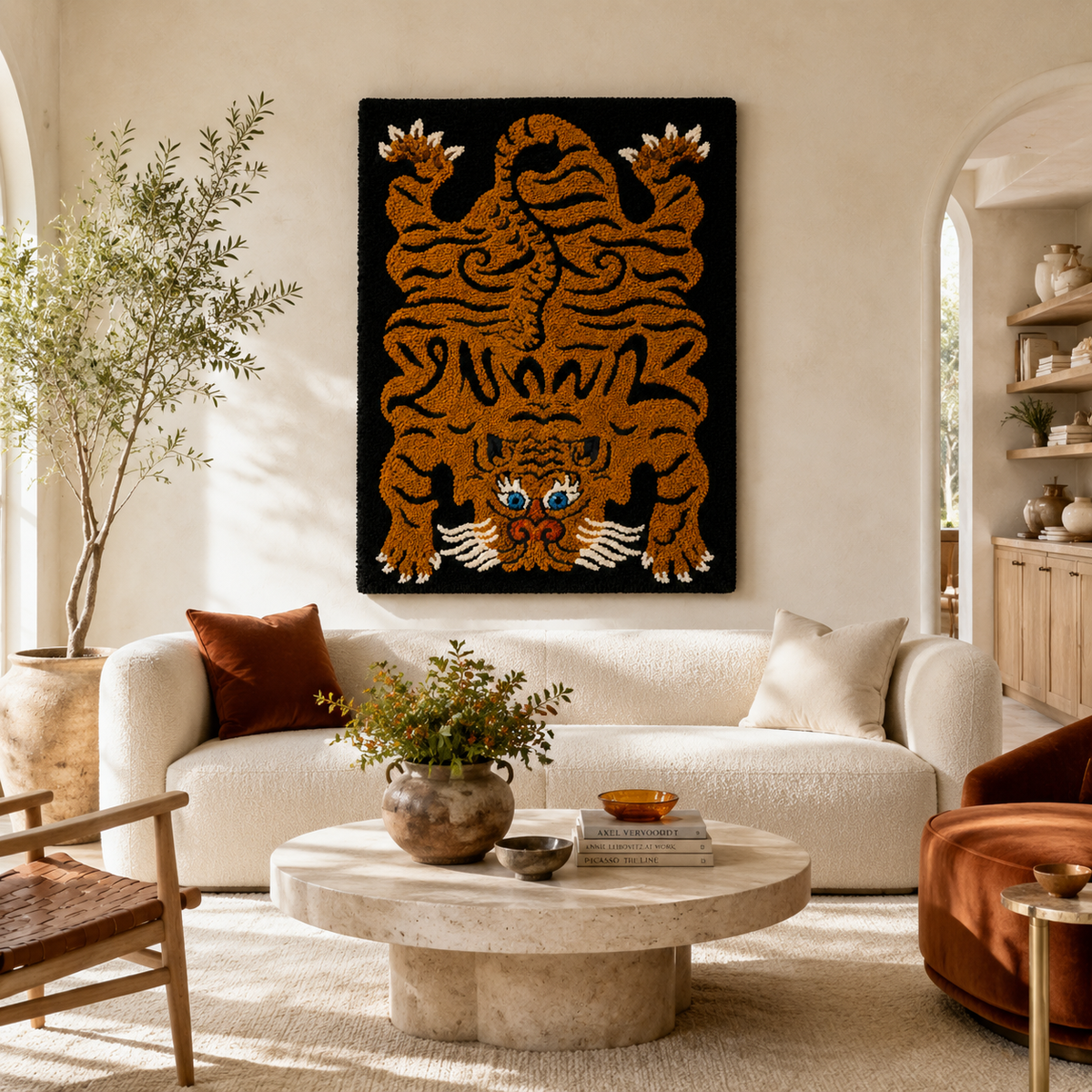 Blue-eyed tiger totem wall art by Hewn Earth featuring detailed tiger face with striking blue eyes, suitable for home decor.