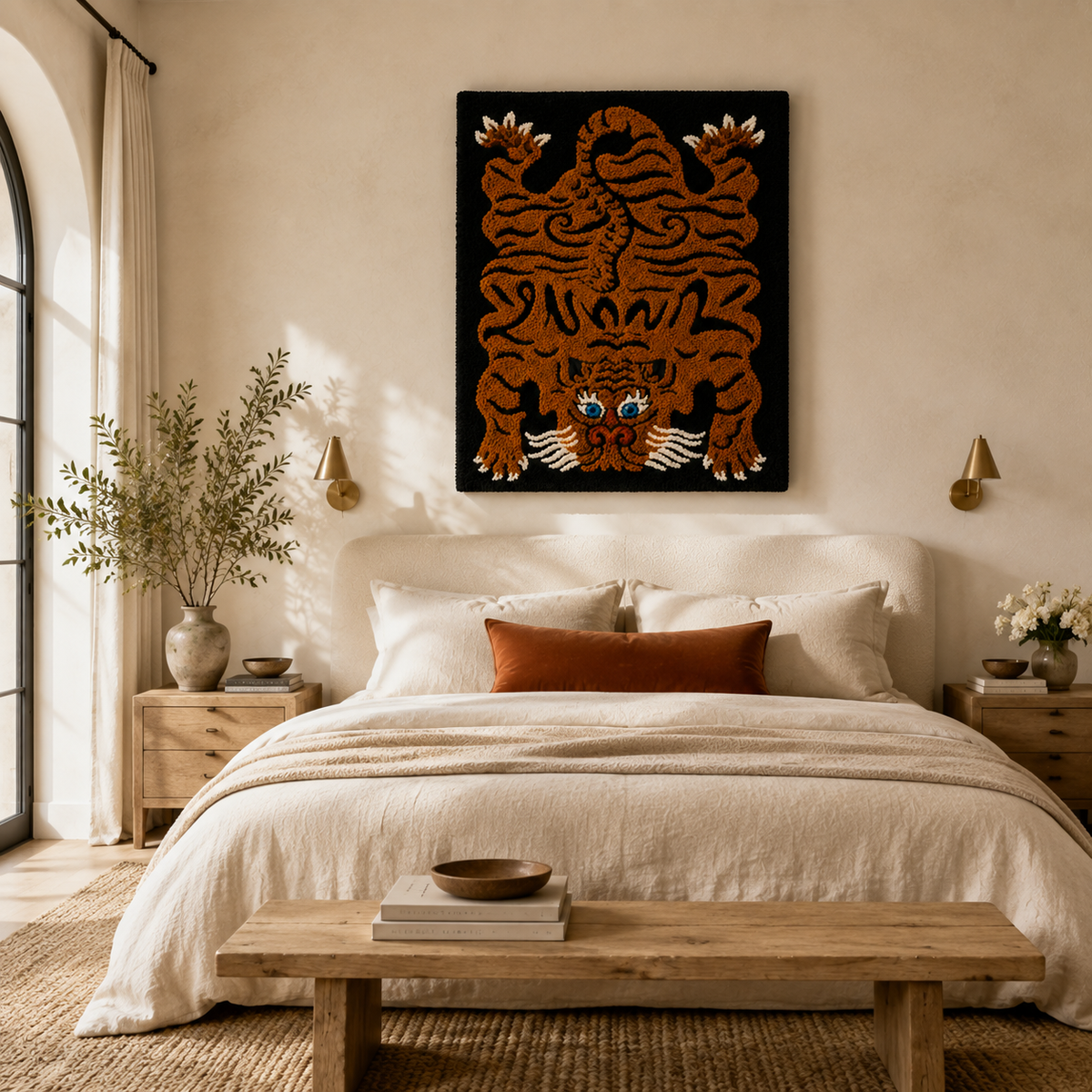Blue-Eyed Tiger Totem wall art by Hewn Earth, featuring vibrant tiger design with striking blue eyes on textured background.