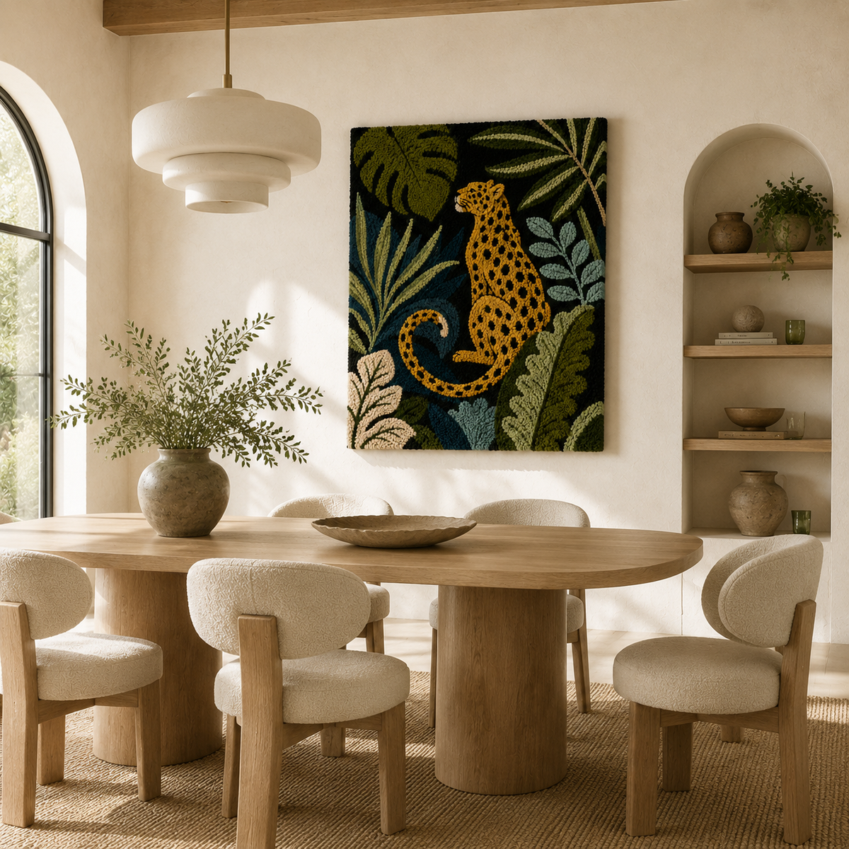 Leopard wall art by Hewn Earth featuring an indigo leaves design, perfect for adding a bold, nature-inspired touch to a room.