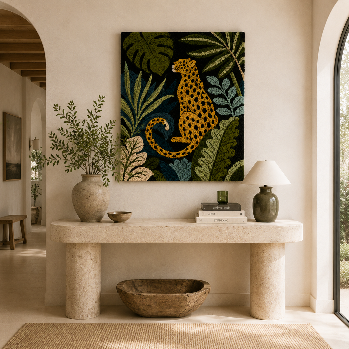 Hewn Earth wall art featuring a leopard surrounded by indigo leaves, showcasing intricate animal and botanical design.