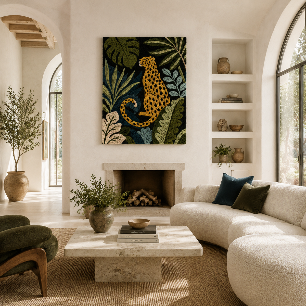 Leopard in Indigo Leaves wall art by Hewn Earth featuring a detailed leopard surrounded by blue and indigo botanical leaves.
