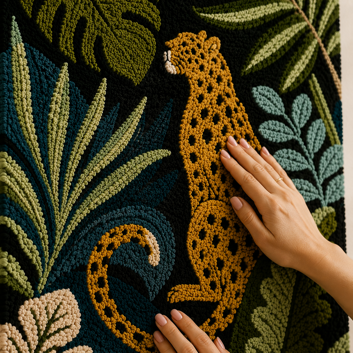 Leopard wall art featuring indigo leaves by Hewn Earth, vibrant illustration showcasing detailed animal and botanical design.