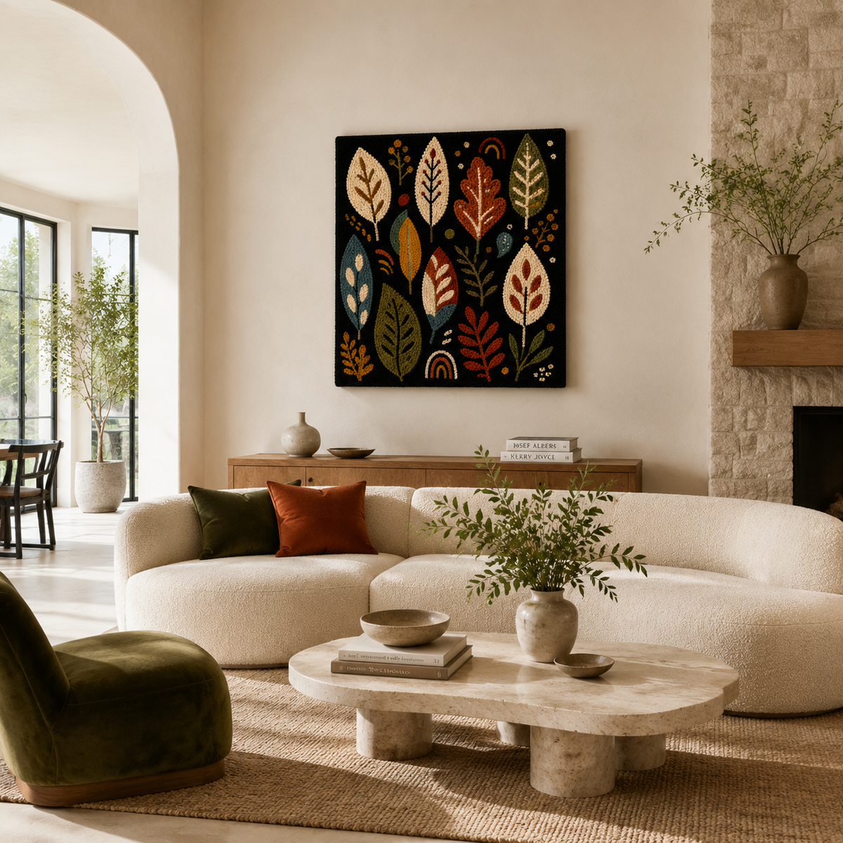 Night Leaf Chorus wall art by Hewn Earth featuring vibrant leaf patterns on a dark background.