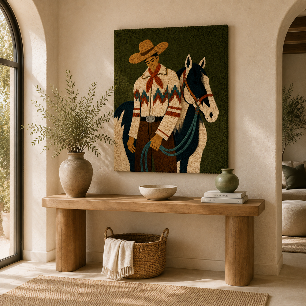 Western Rider wall art by Hewn Earth, featuring a detailed illustration of a cowboy riding a horse in a rustic scene.