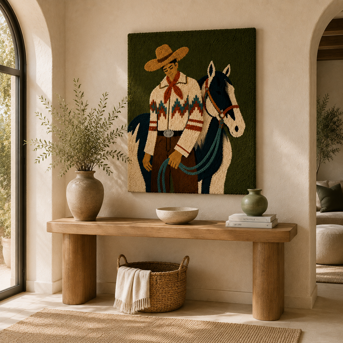 Western Rider wall art by Hewn Earth, featuring a detailed illustration of a cowboy riding a horse in a rustic scene.