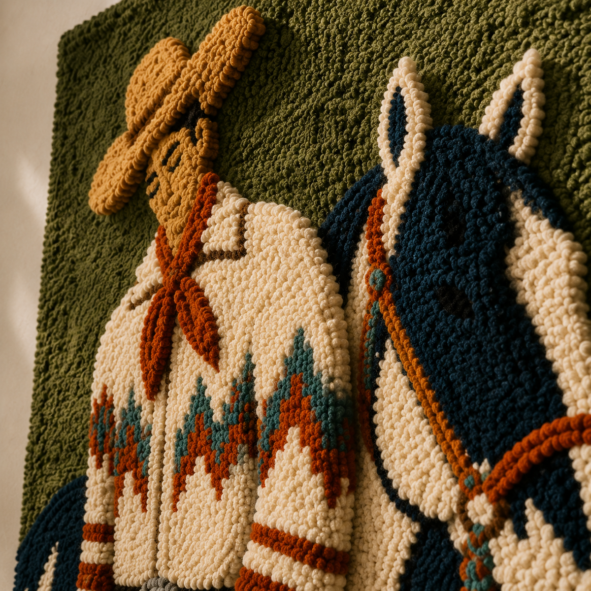 Close-up of Hewn Earth Western Rider wall art featuring detailed illustration of a cowboy rider on a wooden background.