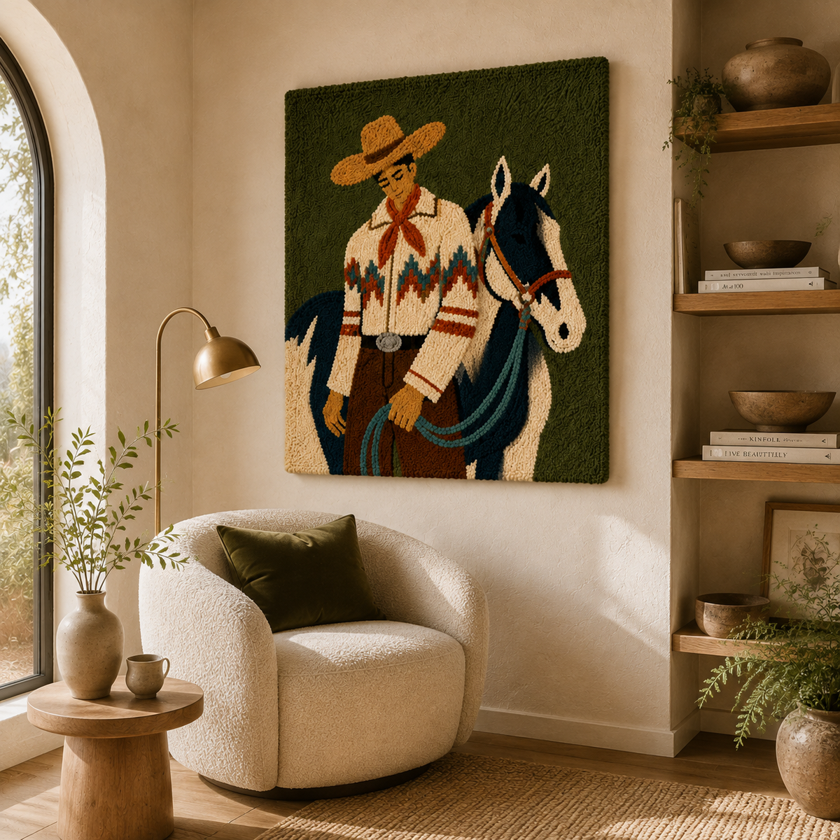 Western Rider wall art by Hewn Earth featuring a detailed illustration of a rider on horseback.