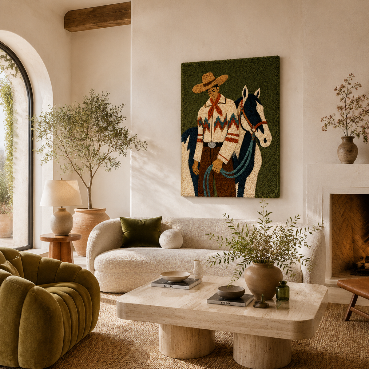Western Rider wall art by Hewn Earth featuring a cowboy riding a horse, with a rustic, artistic design suitable for home decor.