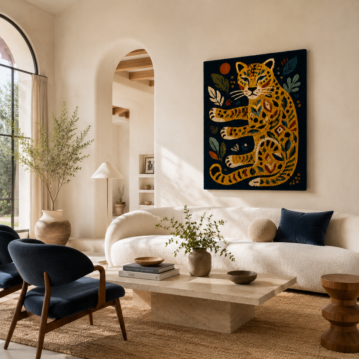 Indigo Leopard Curl Hewn Earth wall art featuring vibrant leopard and curl design on a modern canvas.