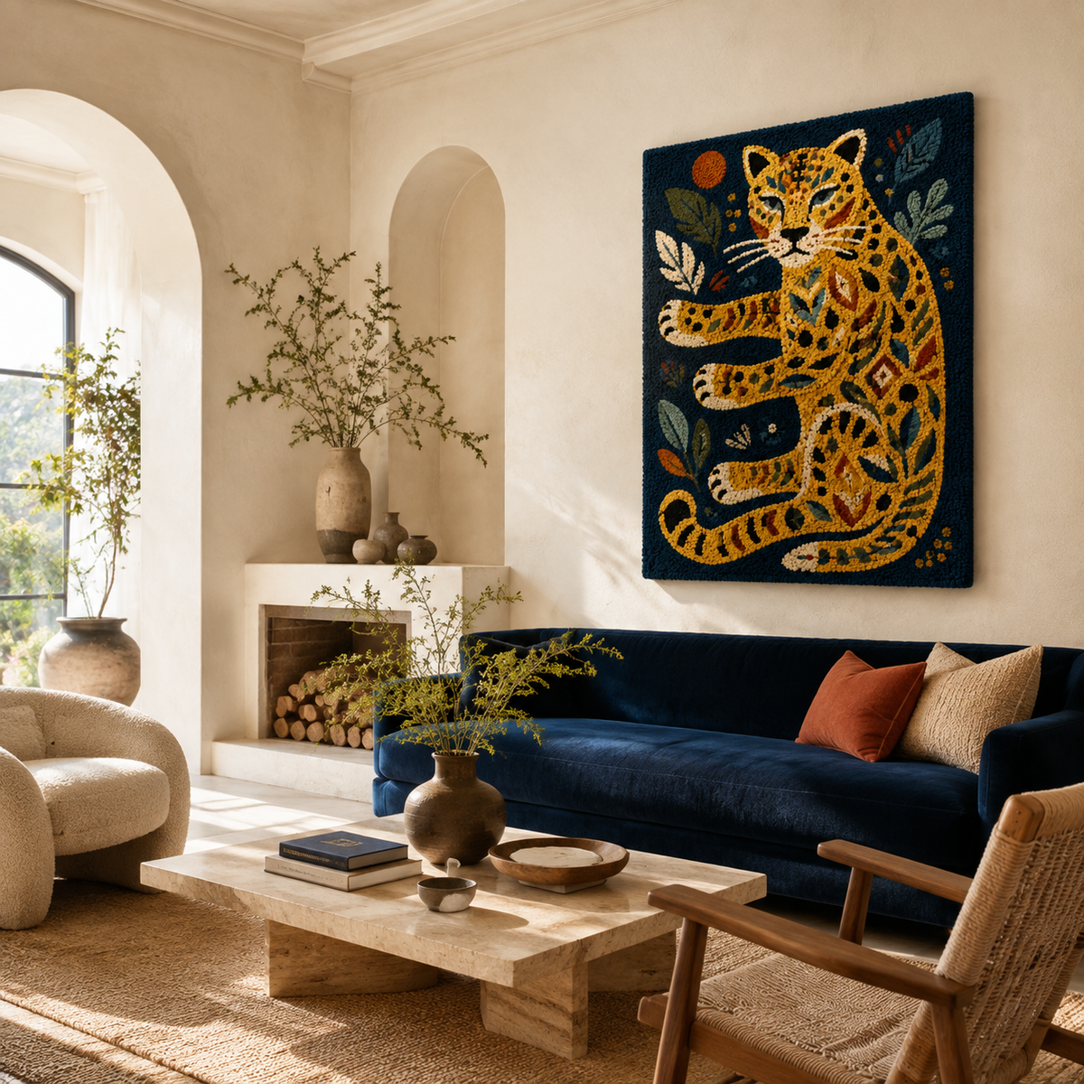 Indigo Leopard Curl wall art by Hewn Earth featuring vibrant blue and beige abstract leopard design on canvas.