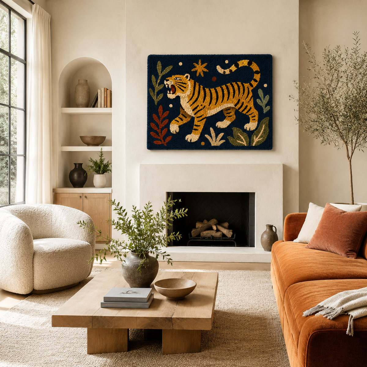 Hewn Earth Midnight Tiger Walk wall art featuring a detailed tiger design on a neutral-colored background.
