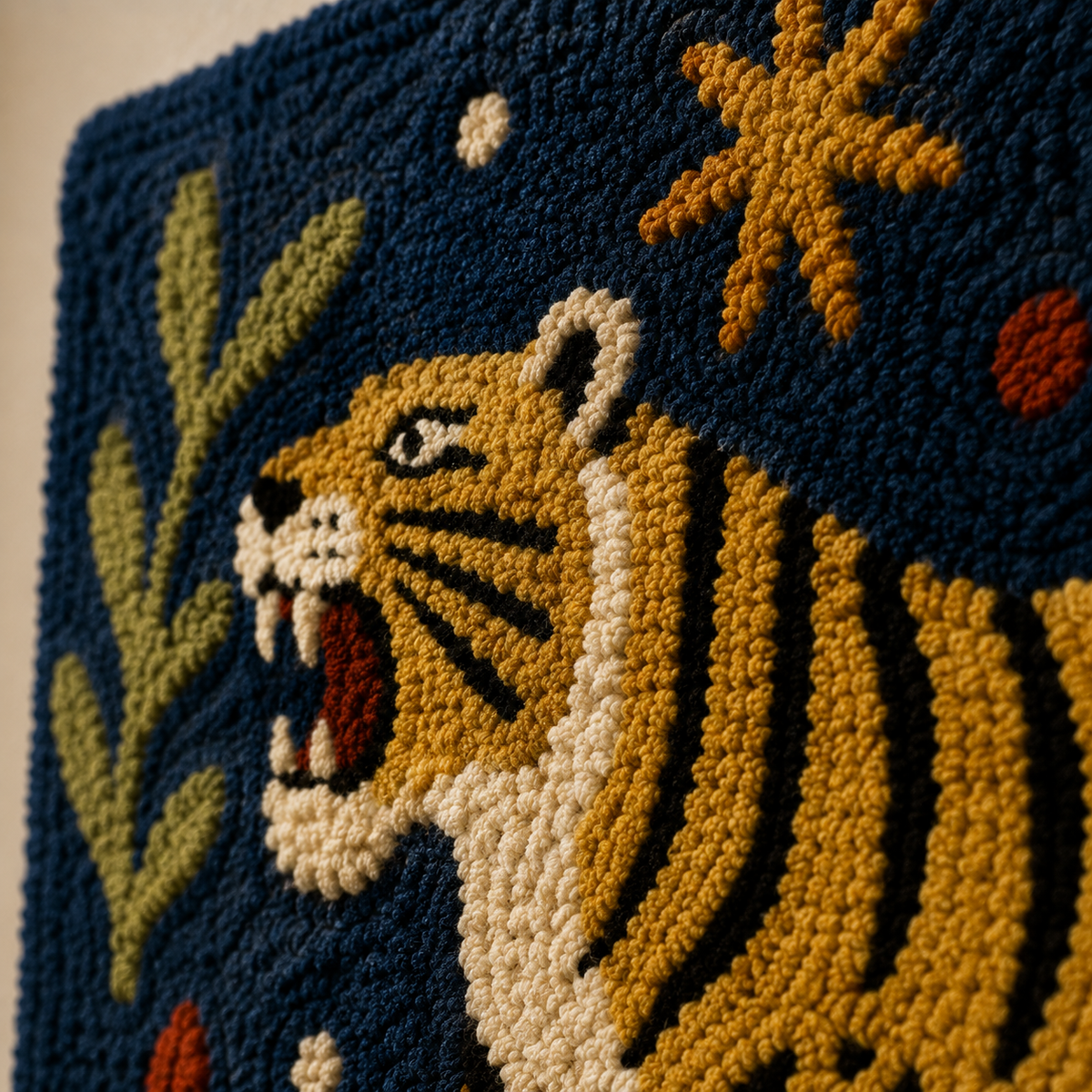 Close-up of Hewn Earth Midnight Tiger Walk wall art featuring detailed tiger and nature scene in earthy tones.