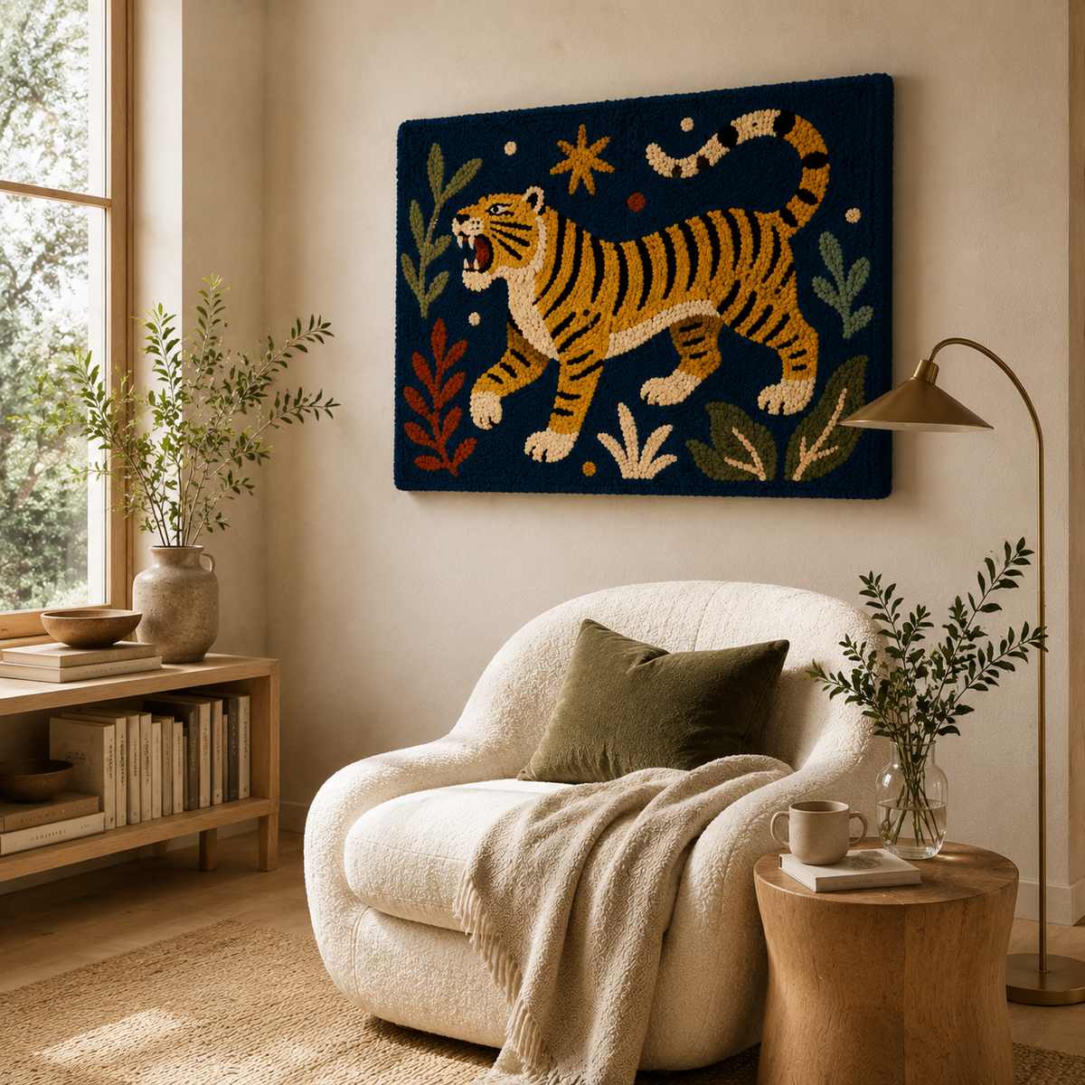 Midnight Tiger Walk Hewn Earth wall art featuring a detailed tiger illustration on a dark background