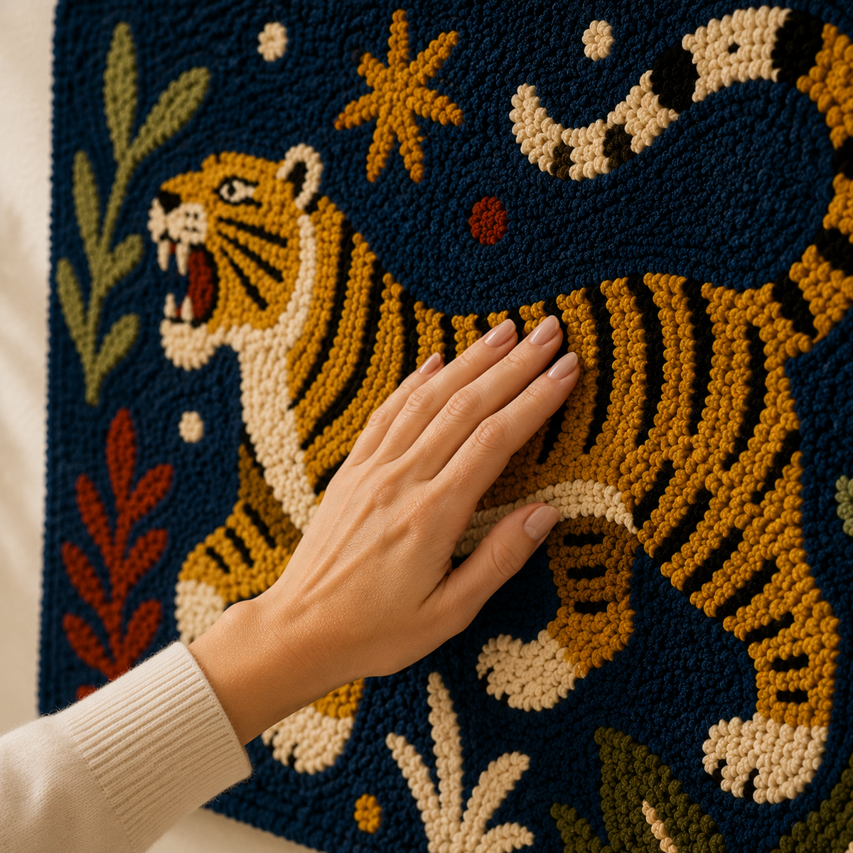 Midnight Tiger Walk wall art by Hewn Earth featuring a detailed tiger illustration on a dark background.