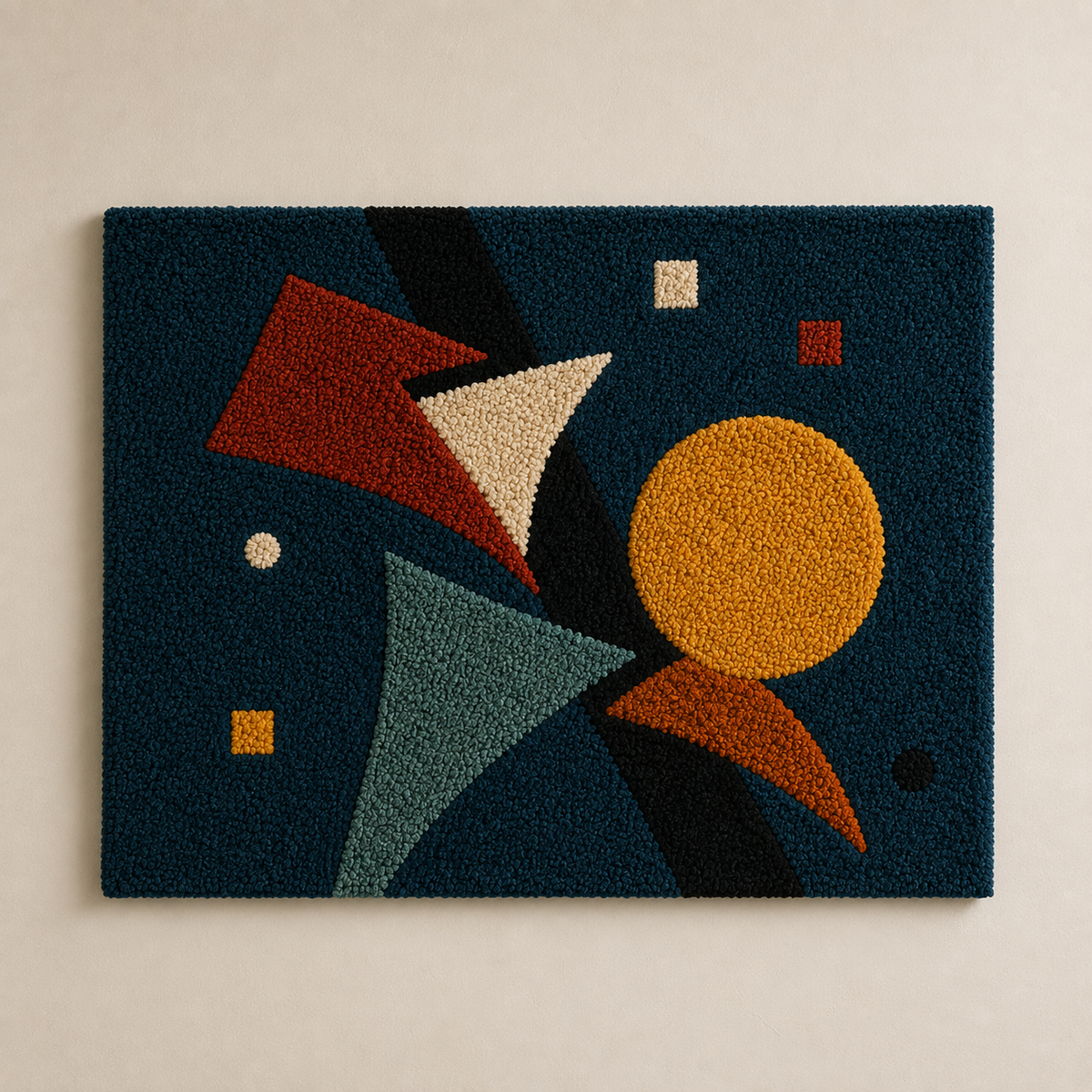 Hewn Earth Solar Geometry Drift wall art displaying abstract geometric design in neutral tones on a wall.