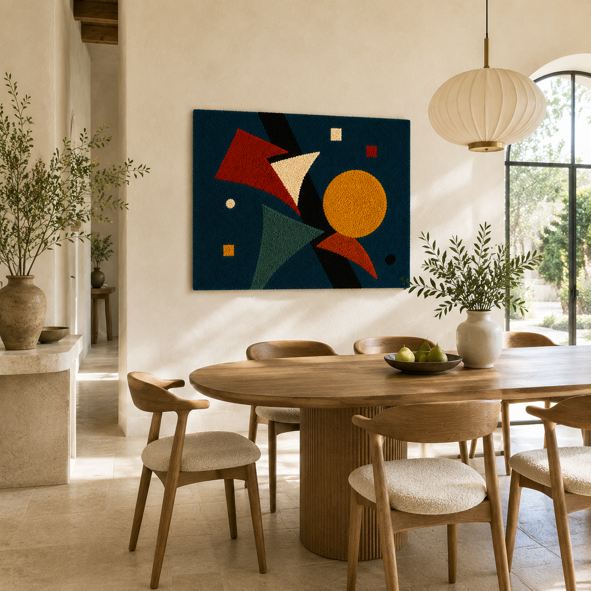 Hewn Earth Solar Geometry Drift wall art featuring geometric solar design in earthy tones for modern home decor