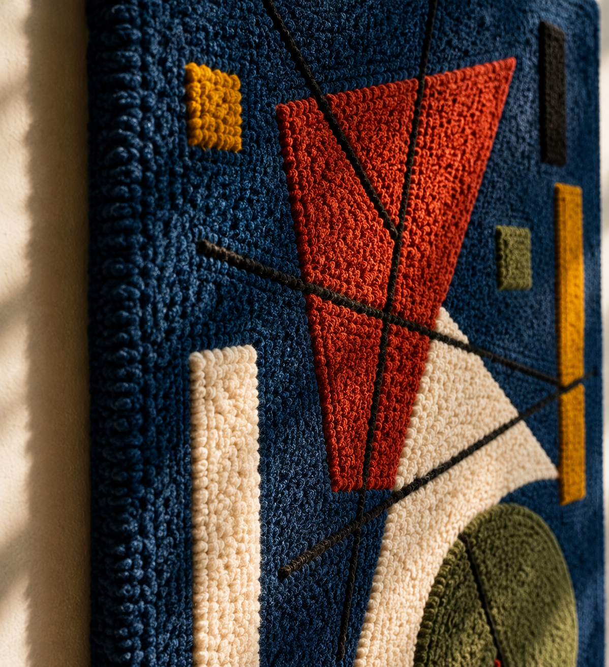 Crimson Bauhaus Spire wall art by Hewn Earth, featuring a modern geometric design on a plain wall.