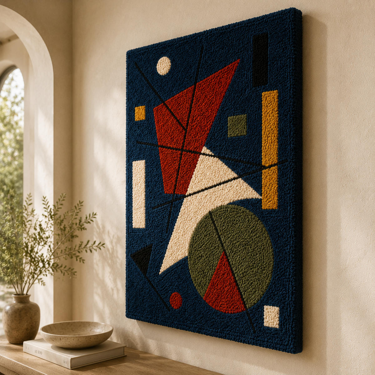 Crimson Bauhaus Spire wall art by Hewn Earth featuring abstract geometric design on a light background.