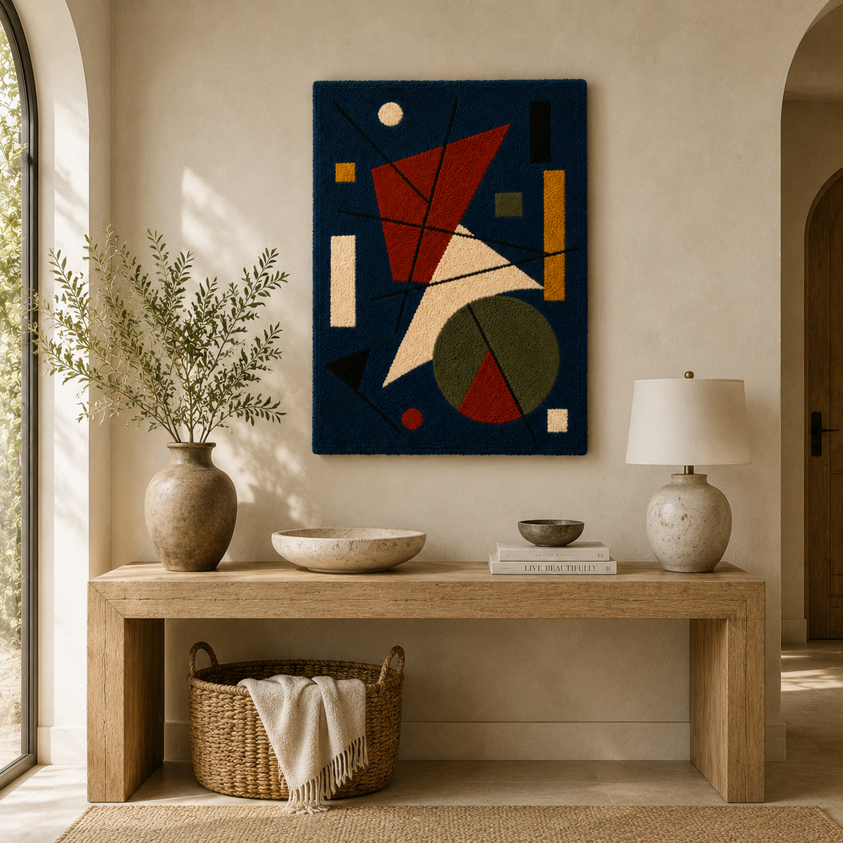 Crimson Bauhaus Spire wall art by Hewn Earth featuring geometric red and black abstract design on a modern wall.