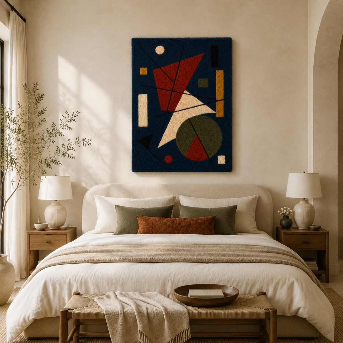 Crimson Bauhaus Spire wall art by Hewn Earth featuring geometric, modern design with bold crimson tones and intricate patterns.