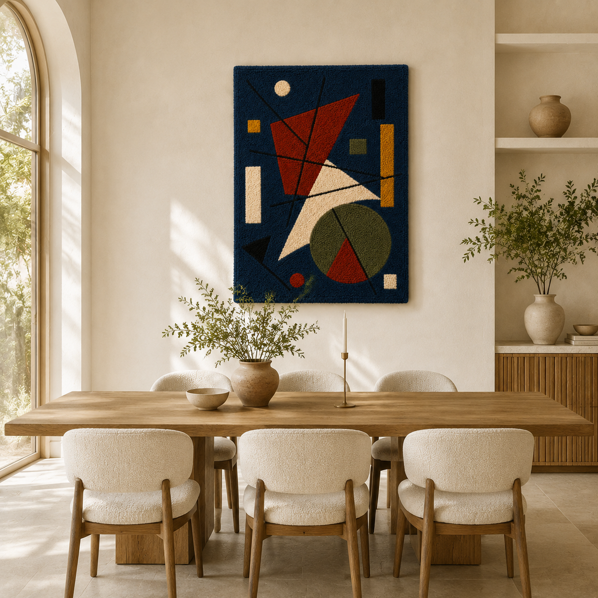 Crimson Bauhaus Spire wall art by Hewn Earth, featuring geometric red and white abstract design on a canvas or print.
