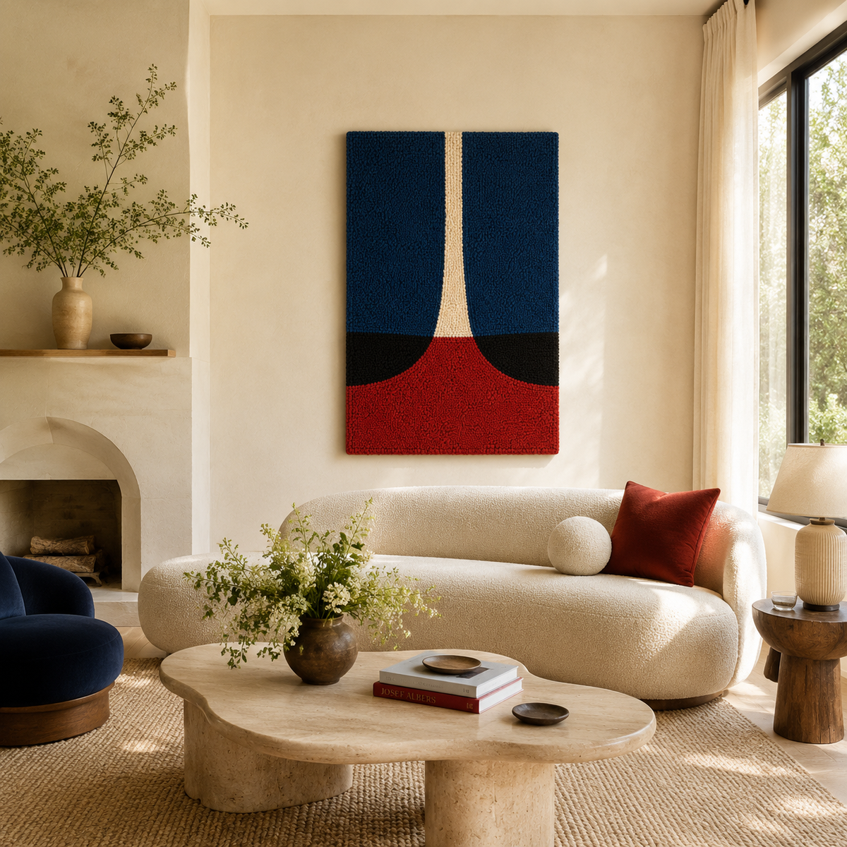 Indigo Vessel Split wall art by Hewn Earth featuring a vibrant, abstract design displayed on a wall in a modern room.