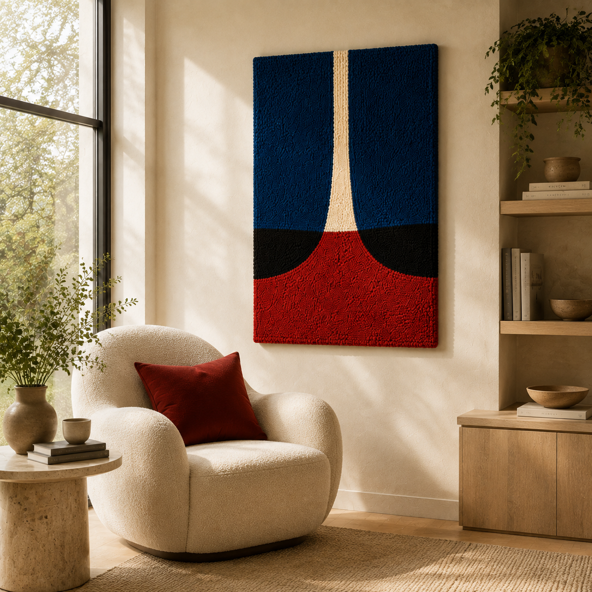 Indigo Vessel Split wall art by Hewn Earth, featuring abstract blue and indigo tones with textured design on a canvas.