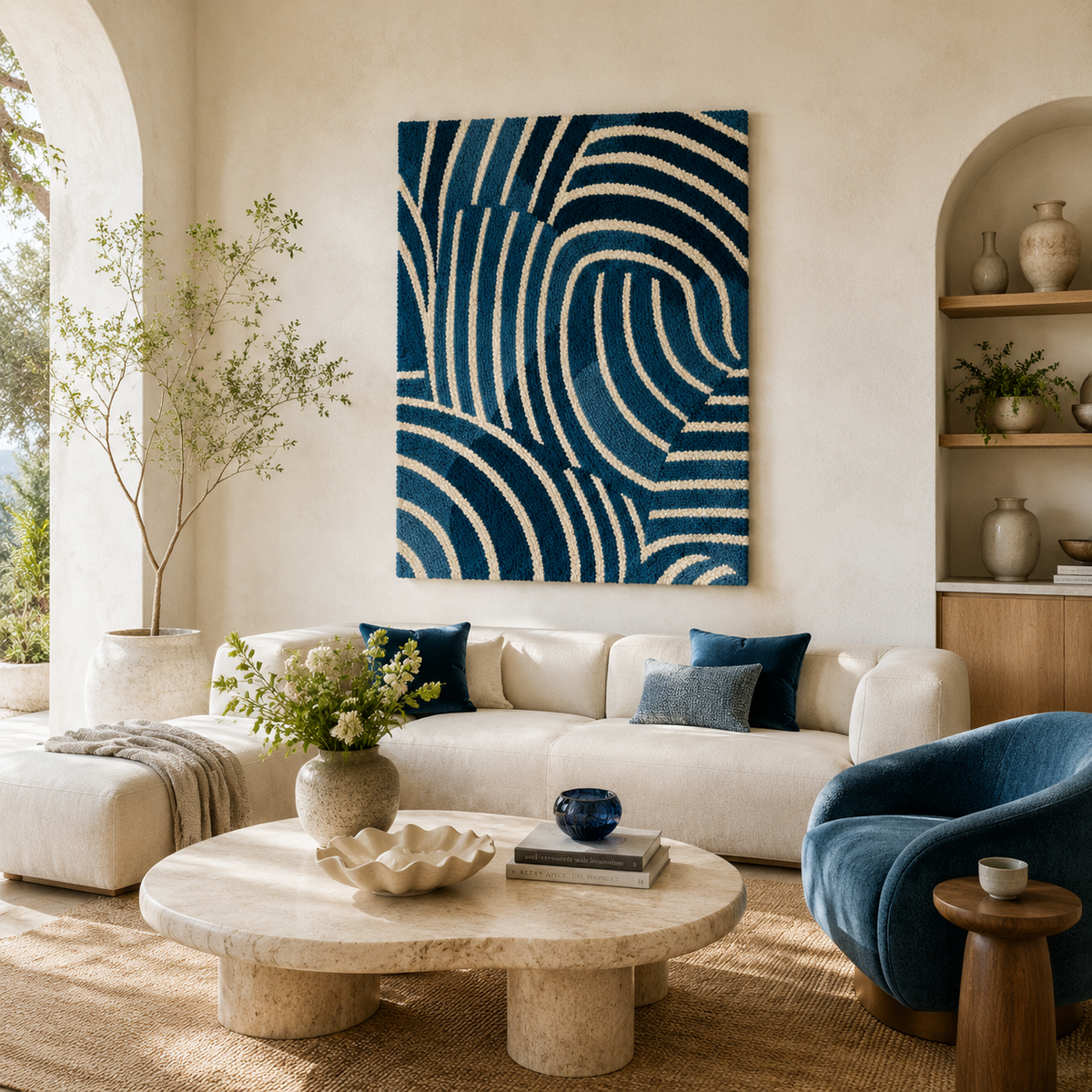 Indigo Contour Maze wall art by Hewn Earth, featuring intricate maze design in deep blue hues displayed on a modern wall.