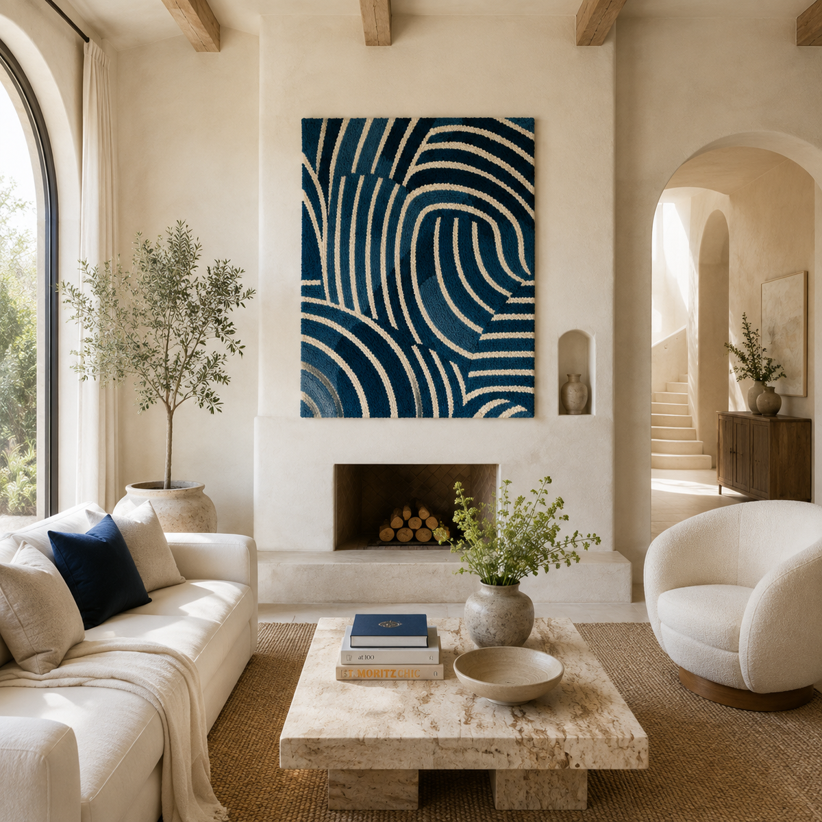Indigo Contour Maze wall art by Hewn Earth featuring intricate maze-like design on a textured background.