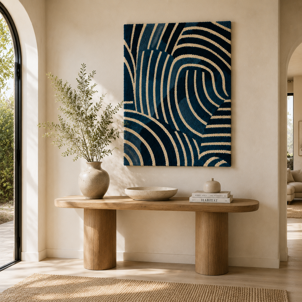 Indigo Contour Maze wall art by Hewn Earth, featuring abstract maze design in blue tones, suitable for modern interior decor.