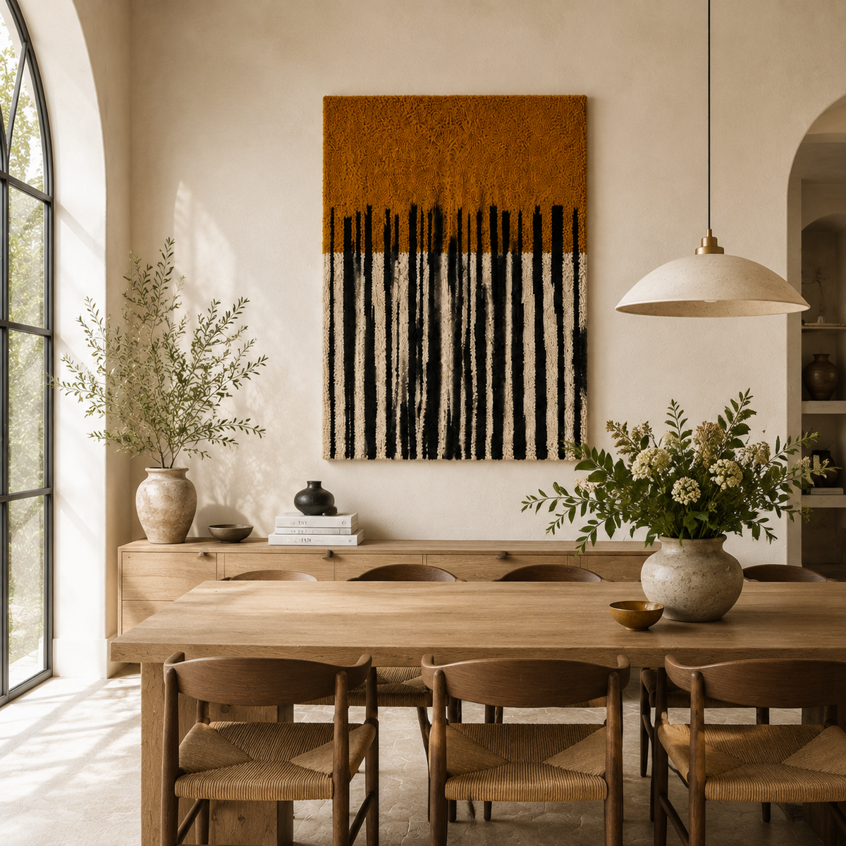 Ochre Rain Lines wall art by Hewn Earth featuring abstract yellow and brown rain-inspired line patterns on a neutral background.