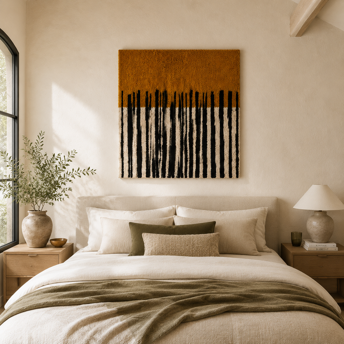 Ochre Rain Lines wall art by Hewn Earth featuring abstract yellow and gray rain-like line patterns on a neutral background.