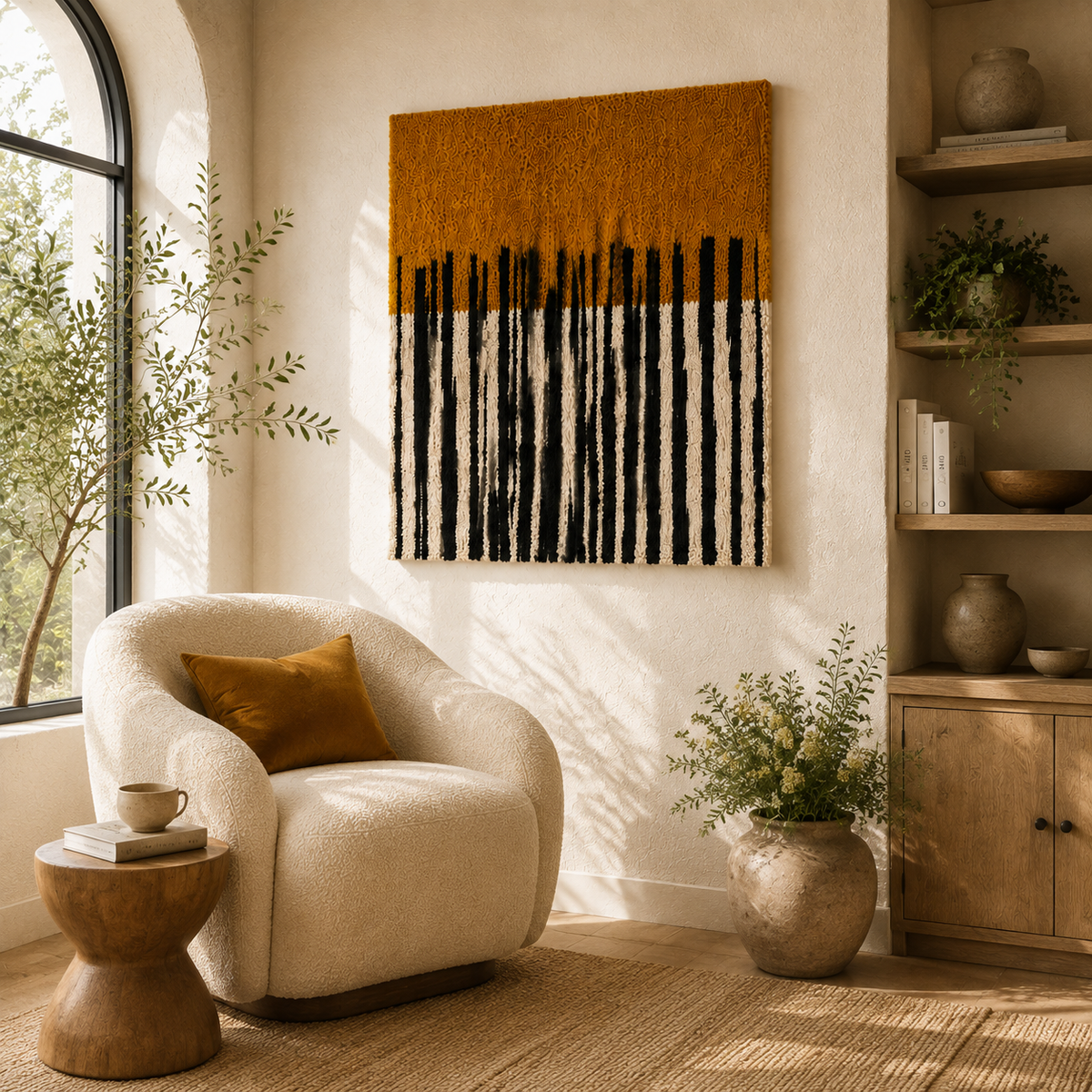 Ochre Rain Lines wall art by Hewn Earth featuring abstract yellow and gray watercolor streaks on a textured canvas.