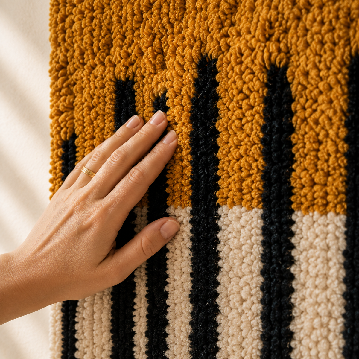 Ochre Rain Lines wall art by Hewn Earth featuring abstract, flowing yellow and beige lines on a neutral background.