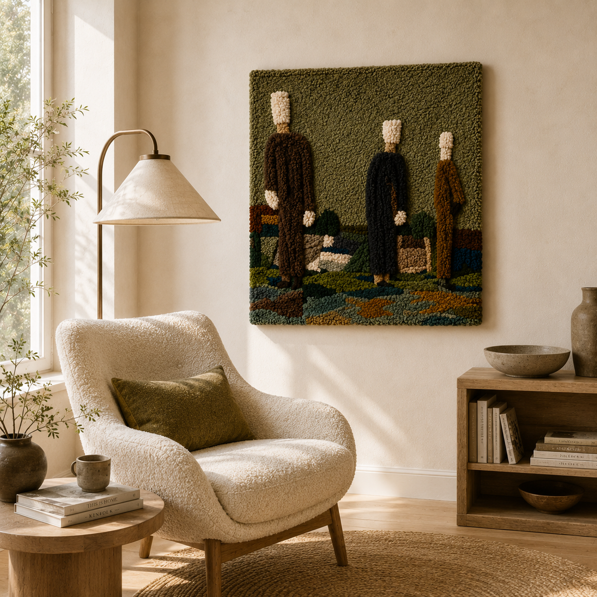 Hewn Earth Quiet Gathering wall art featuring serene abstract landscape with muted earthy tones, suitable for modern interior decor.