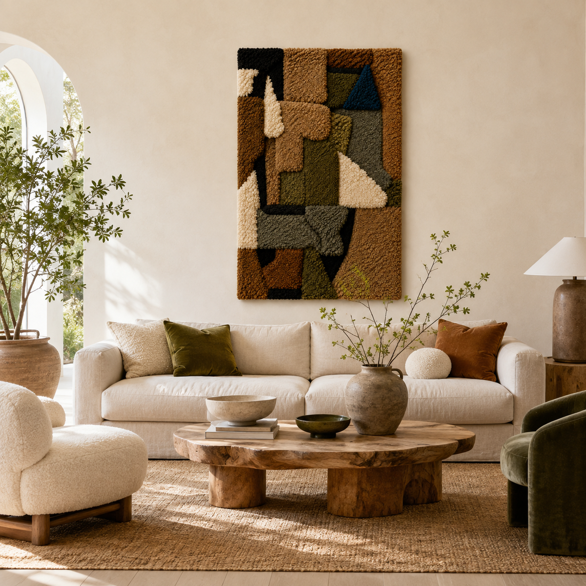Hewn Earth Earthen Mosaic wall art featuring colorful ceramic tiles arranged in an intricate geometric pattern.