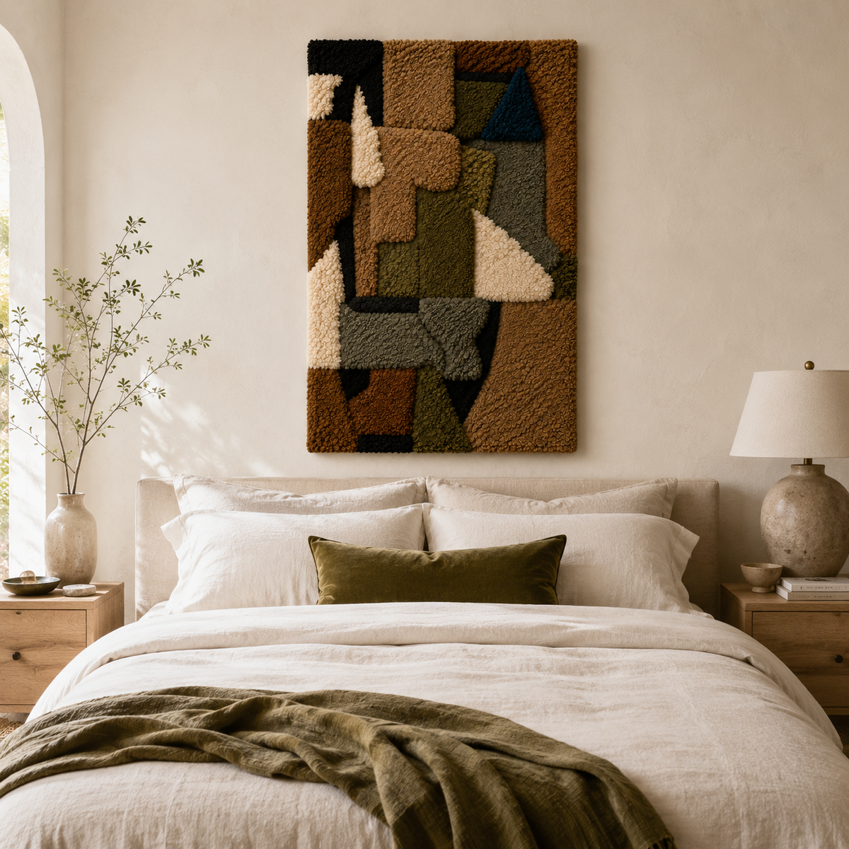 Colorful earthen mosaic wall art by Hewn Earth featuring intricate geometric patterns and natural clay textures.