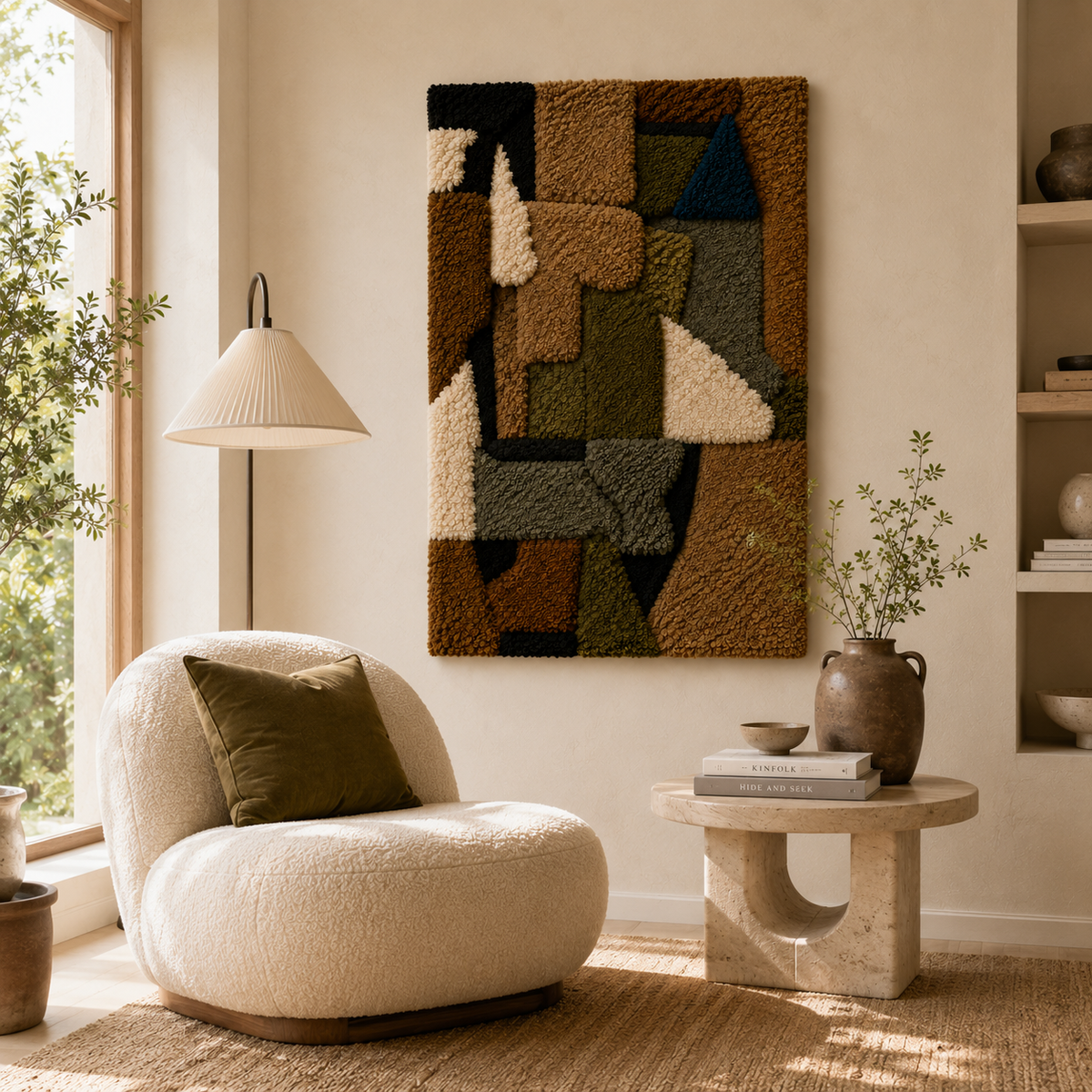 Colorful earthen mosaic wall art by Hewn Earth featuring intricate geometric patterns on a textured surface.